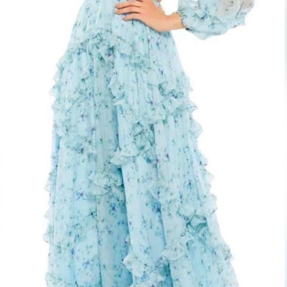 Mac Duggal Light Blue Floral Ruffle Maxi Dress, Women’s Size 2 (New With Tags)